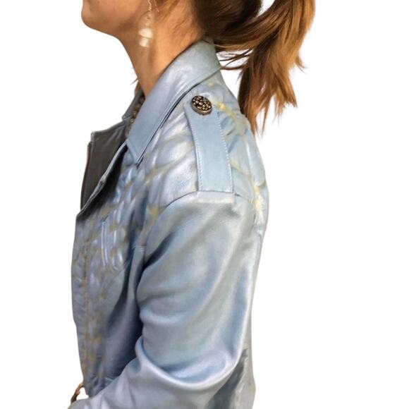 90s Kaptain Celebrity Design Blue Bubble Leather Moto Jacket Quilted - Picture 3 of 7